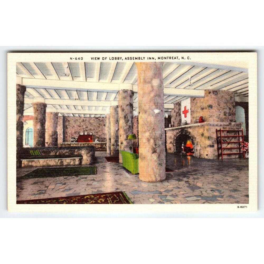 Lobby View Assembly Inn Red Cross Banner Montreat North Carolina Linen Postcard